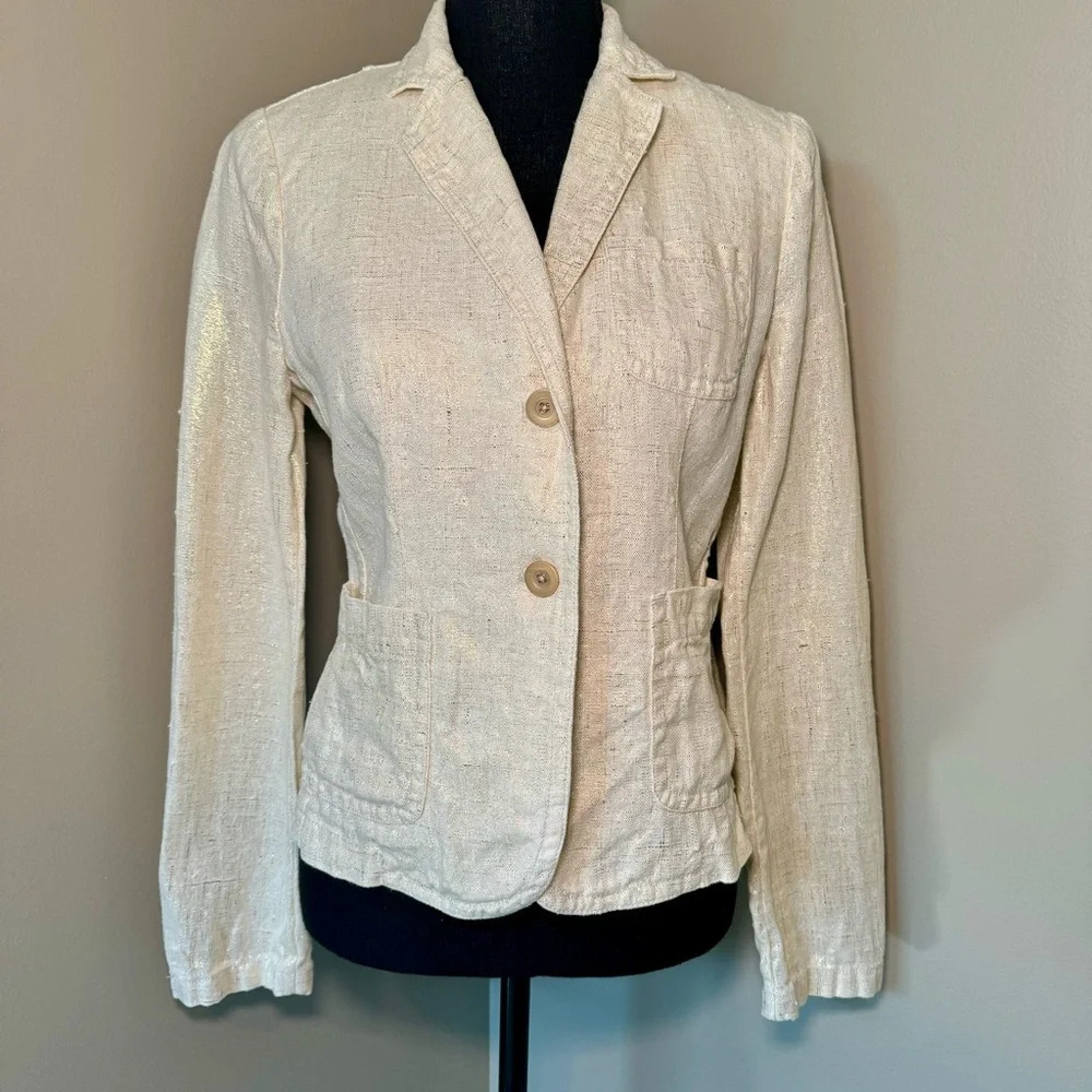 J. Crew 100% Linen Cream & Gold Metallic Blazer Breathable Lightweight Size 4